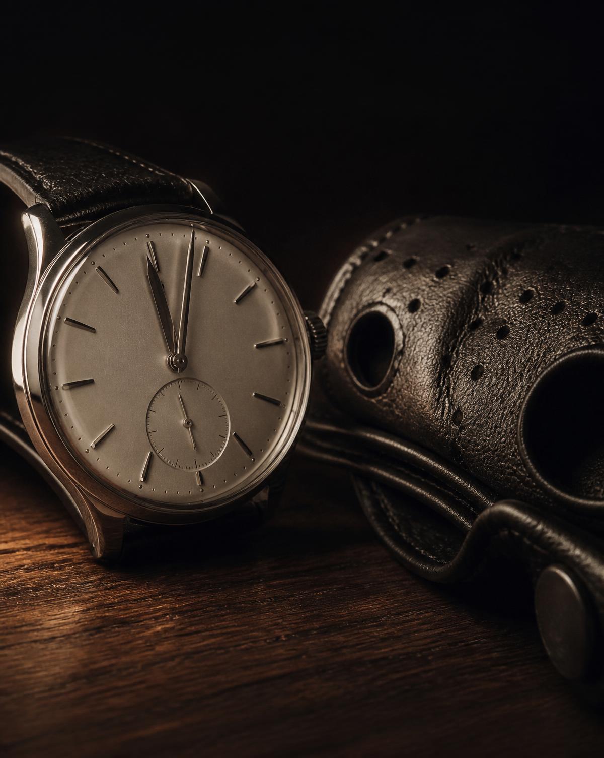 A silver mechanical watch beside a leather driving glove.